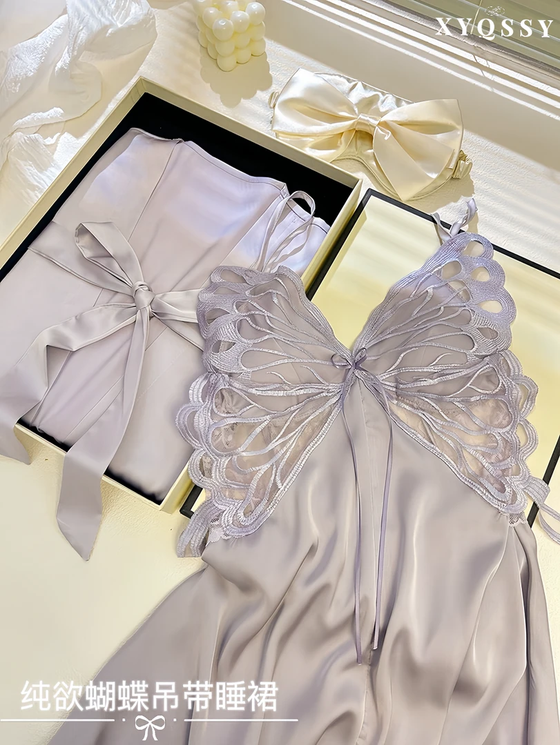 蝴蝶睡裙性感吊带女冰丝带胸垫薄款私房高级感红色蕾丝纯欲风睡衣