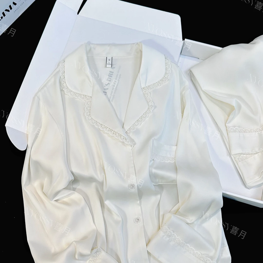 睡衣女春秋长袖裸感出门款高级感简约白色蕾丝时尚轻奢家居服套装