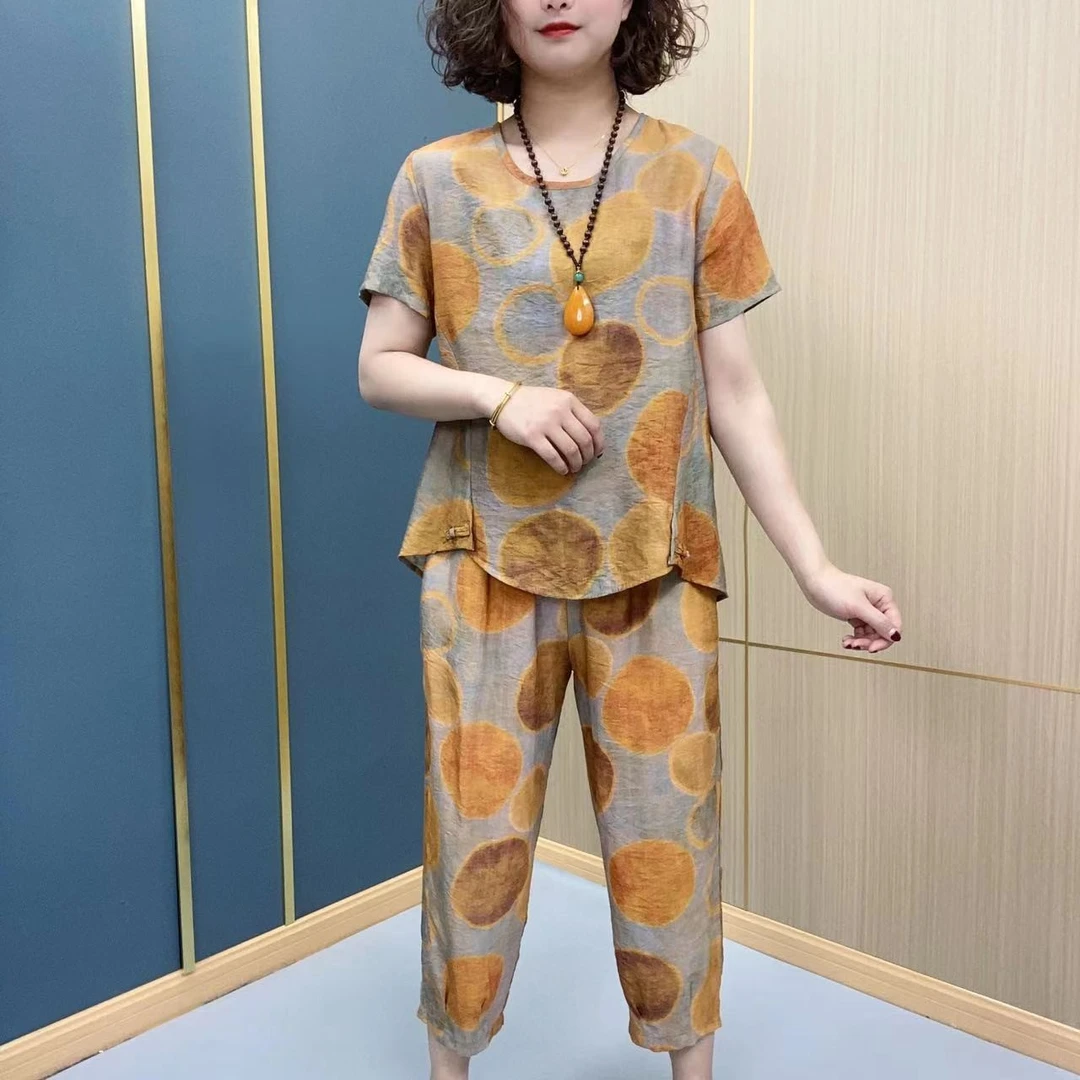 2023夏季新款洋气短袖套装中年妈妈中老年妈妈大码两件套圆领印花