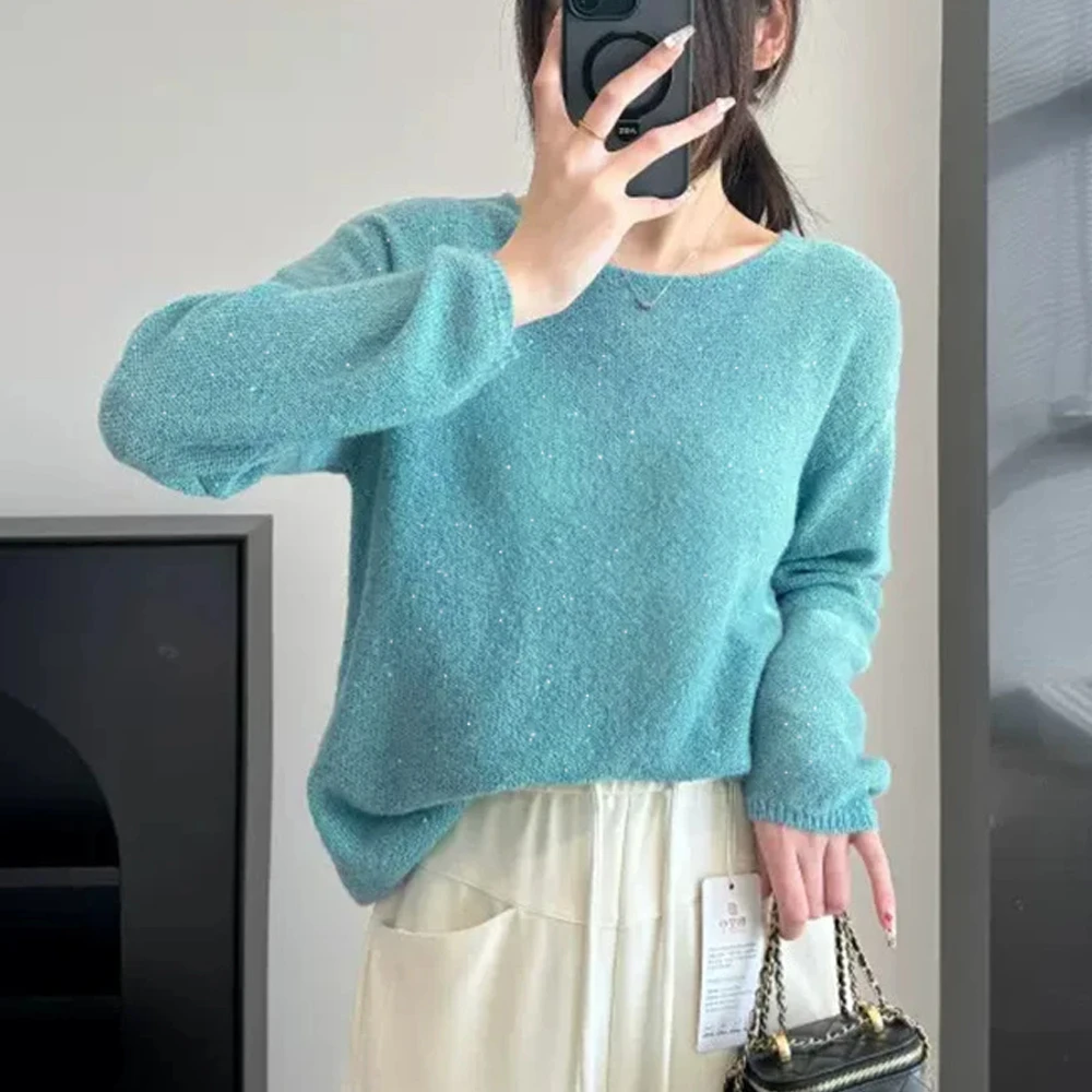 2024年秋冬新款亮闪闪上衣针织衫套头长袖宽松显瘦高档毛衣女装-2