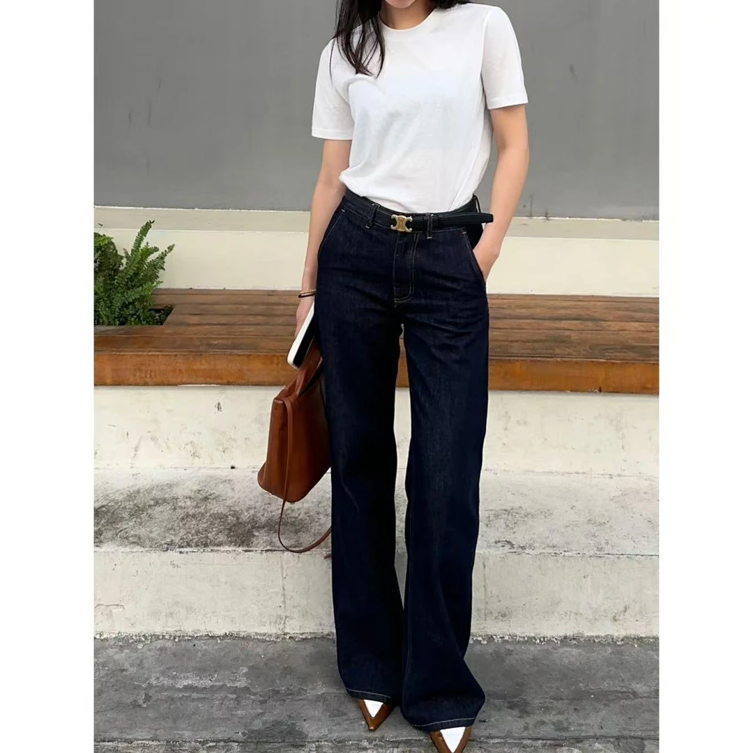 Yihouse新款丹宁蓝气质显瘦直筒拖地阔腿牛仔裤女Y8222