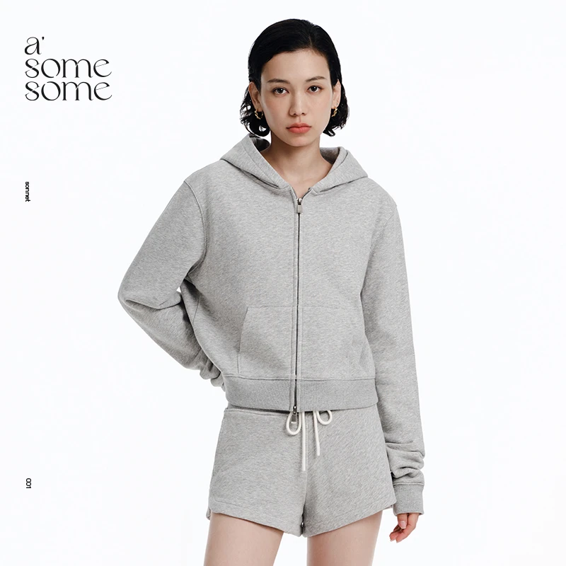 asomesome双向拉链帽衫女开衫休闲运动上衣灰色卫衣外套