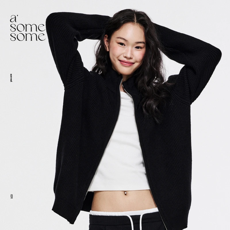 asomesome美式复古立领针织开衫毛衣拉链外套女秋冬高级宽松上衣