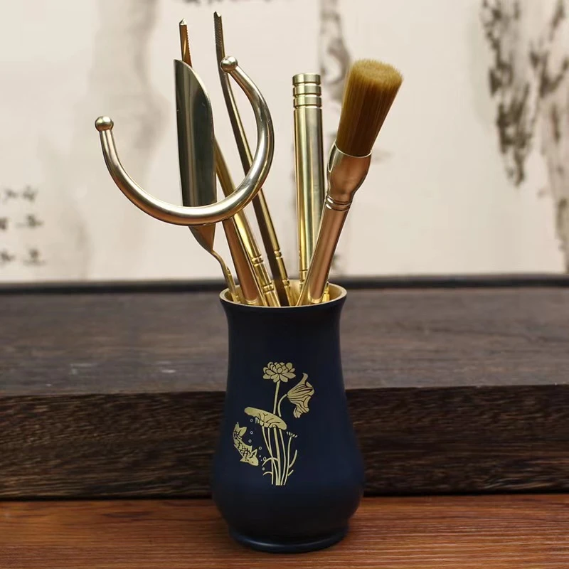 纯黄铜荷塘夜色茶道君子六件藏蓝花瓶套纯铜六件套