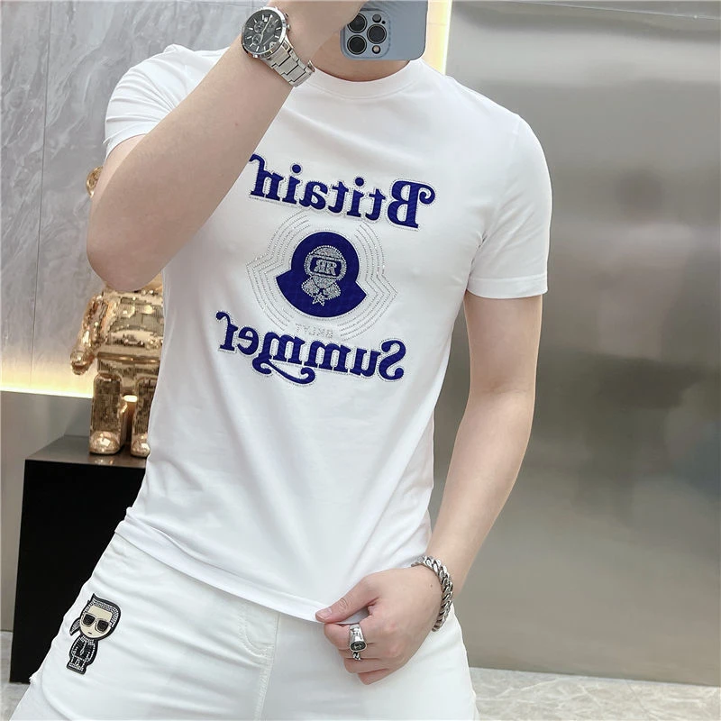 欧洲站夏季新款短袖t恤男丝光棉烫钻ins潮牌休闲百搭修身青年体恤