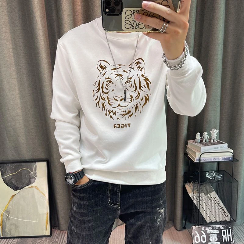 老虎头印花卫衣男秋冬新款男士衣服修身圆领无帽长袖打底衫上衣潮