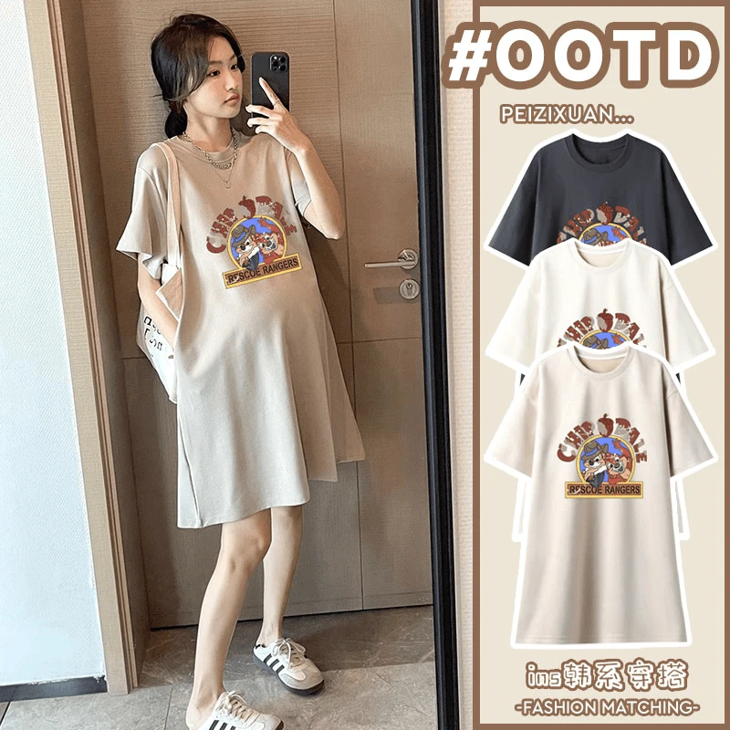 孕妇装连衣裙夏季款时尚宽松T恤裙印花短袖上衣孕妇装夏天长裙子