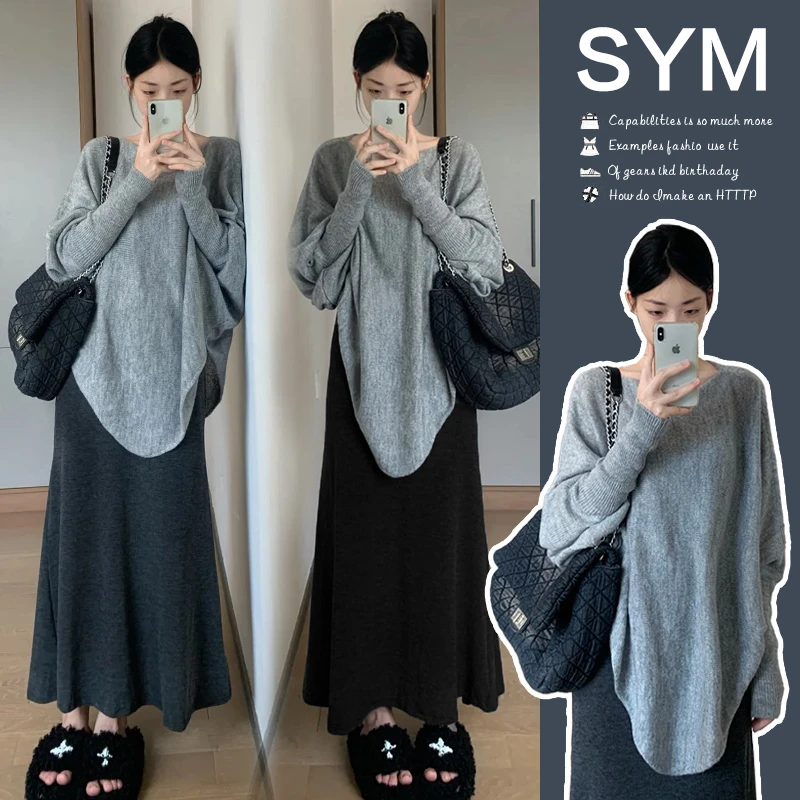 孕妇毛衣女秋冬季孕妇连衣裙宽松慵懒风设计感灰色不规则孕妇上衣