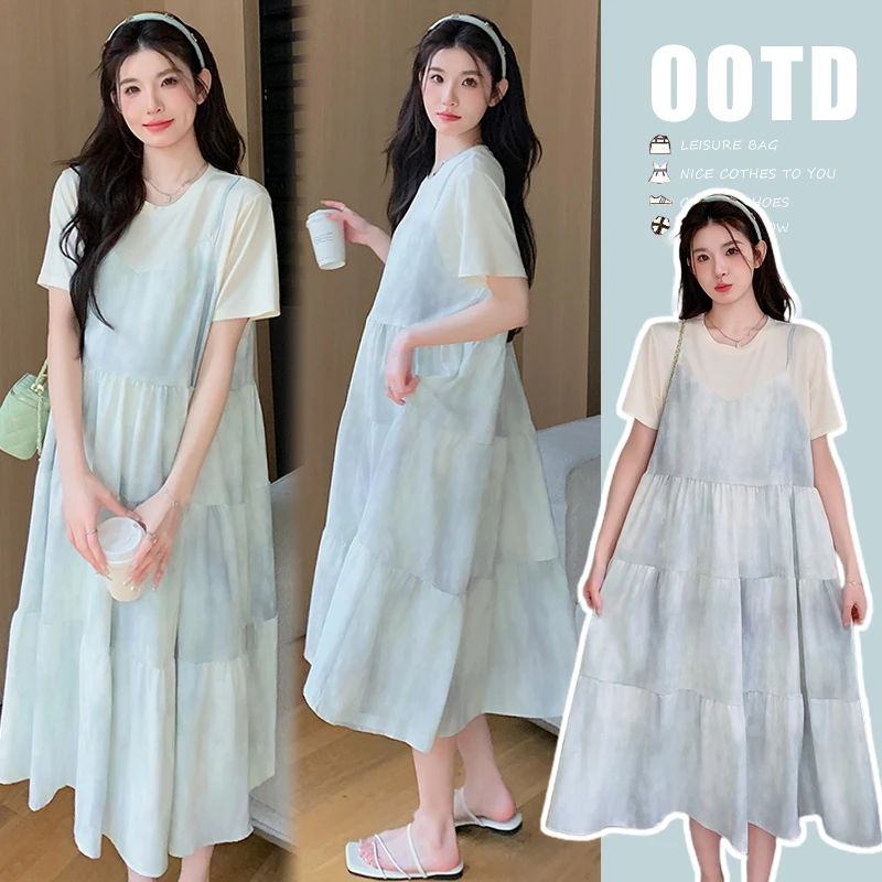 2025时尚撞色扎染拼接宽松显瘦假两件中长款孕妇装连衣裙休闲显瘦