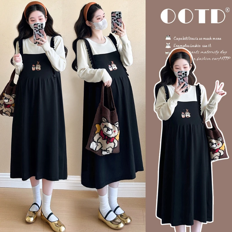 孕妇装2025秋季新品韩版时尚重工刺绣减龄假两件连衣裙怀孕衣服潮