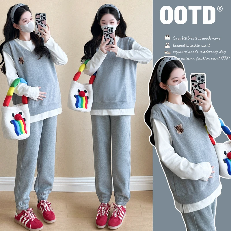 孕妇套装时尚洋气时髦刺绣长袖上衣卫衣休闲两件套2025新款春秋女