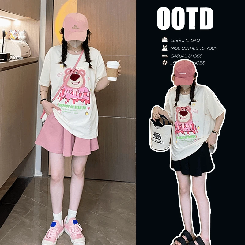 【小姿家】孕妇夏装上衣宽松休闲卡通短袖T恤+托腹短裙裤两件套装