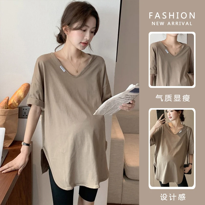 2025孕妇装夏季新款时尚打底衣韩版休闲宽松洋气纯色V领短袖T恤