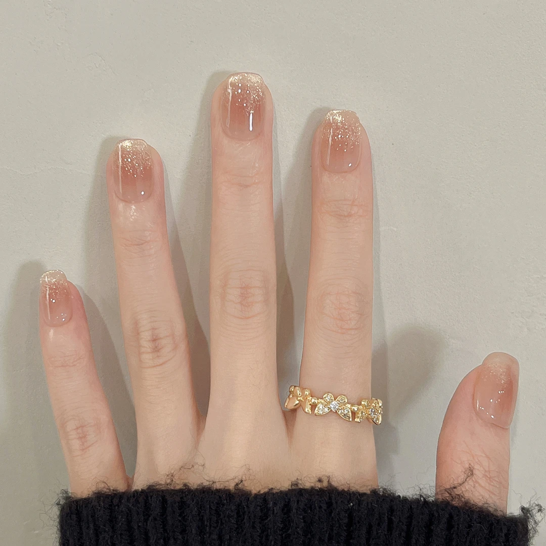 浪漫星河 手工穿戴甲裸色晕染猫眼短方气质温柔显白通勤美甲贴片