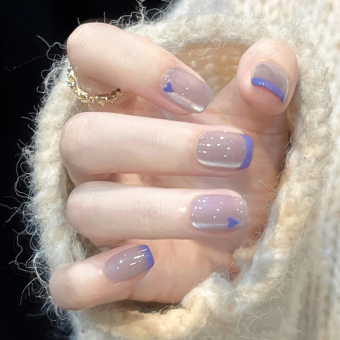 紫色浪漫  手工穿戴甲紫色猫眼爱心短方夏日高级气质显白美甲贴片