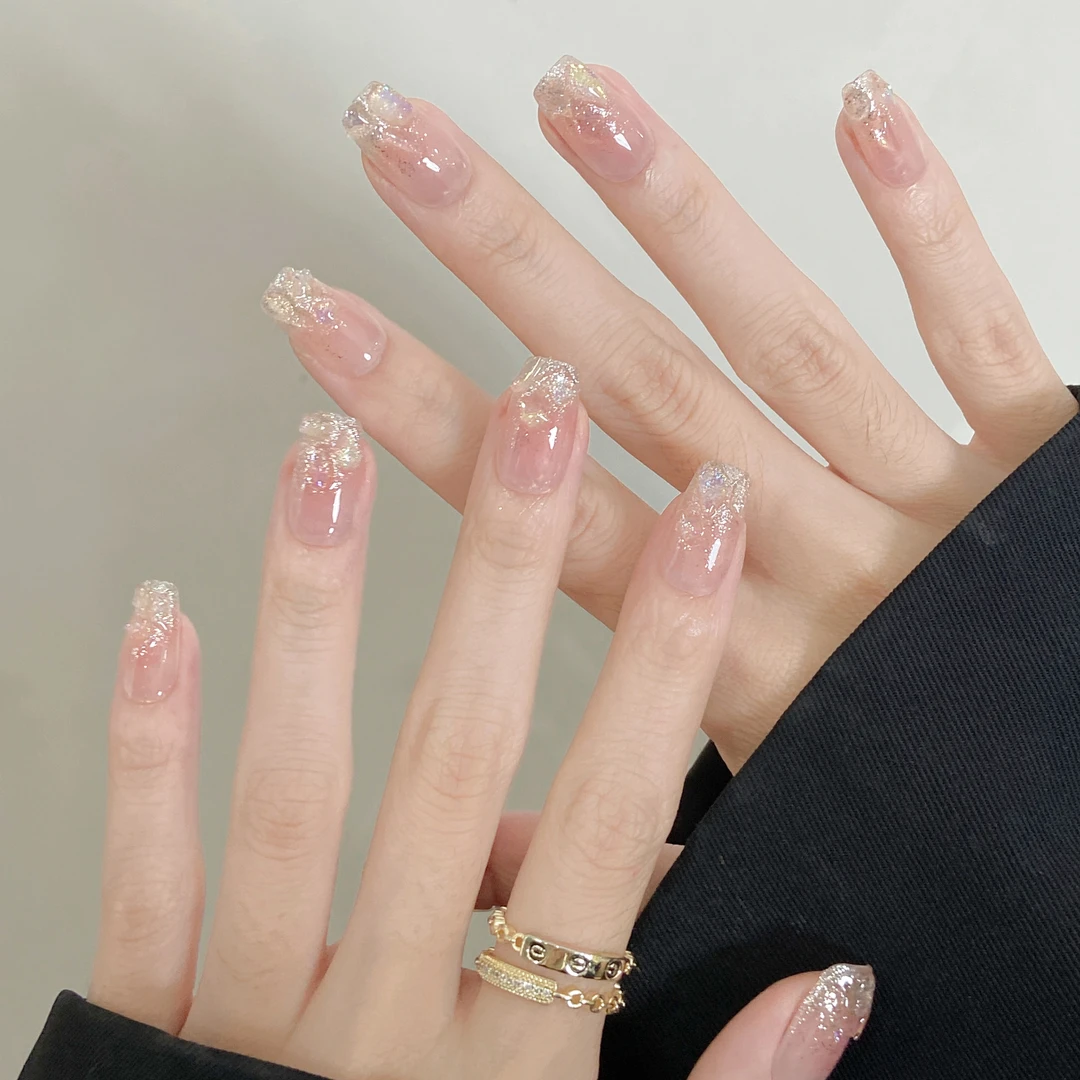 南极浮冰 手工穿戴甲裸色细闪贴钻中梯气质高级贵气显白美甲贴片