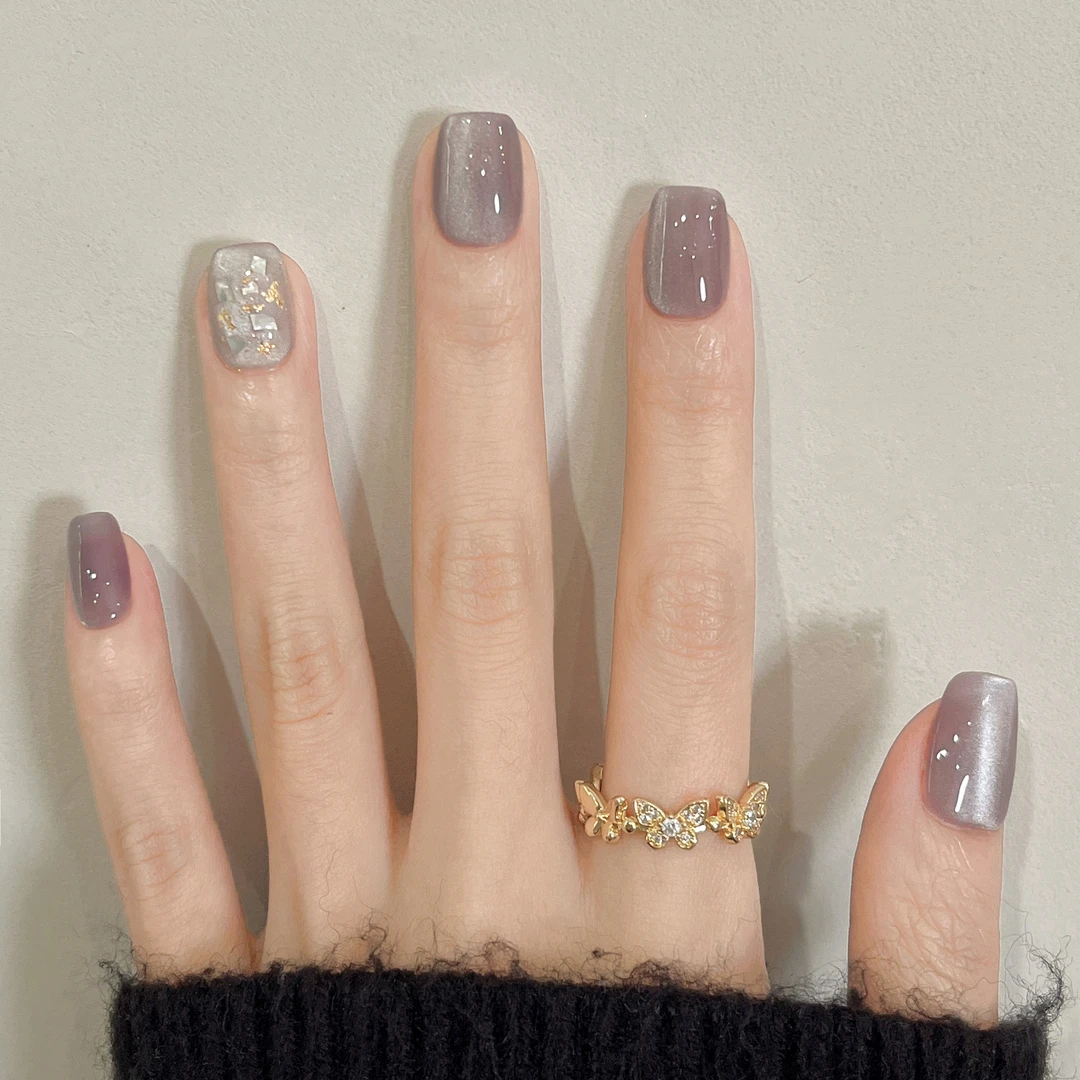 紫沙叠纪 手工穿戴甲紫色猫眼短方秋冬氛围气质温柔显白美甲