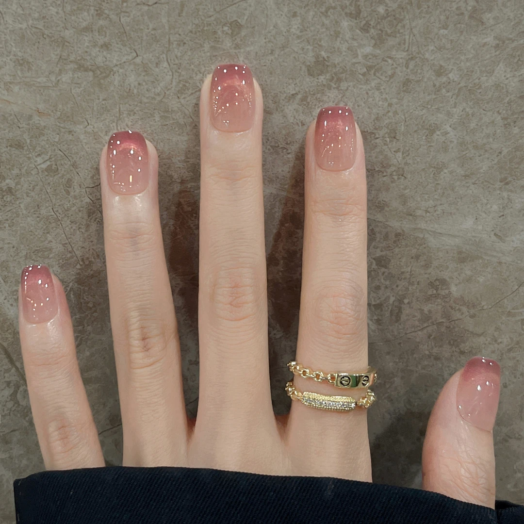 星岩极光 手工穿戴甲裸色猫眼法式短梯通勤气质温柔显白美甲贴片