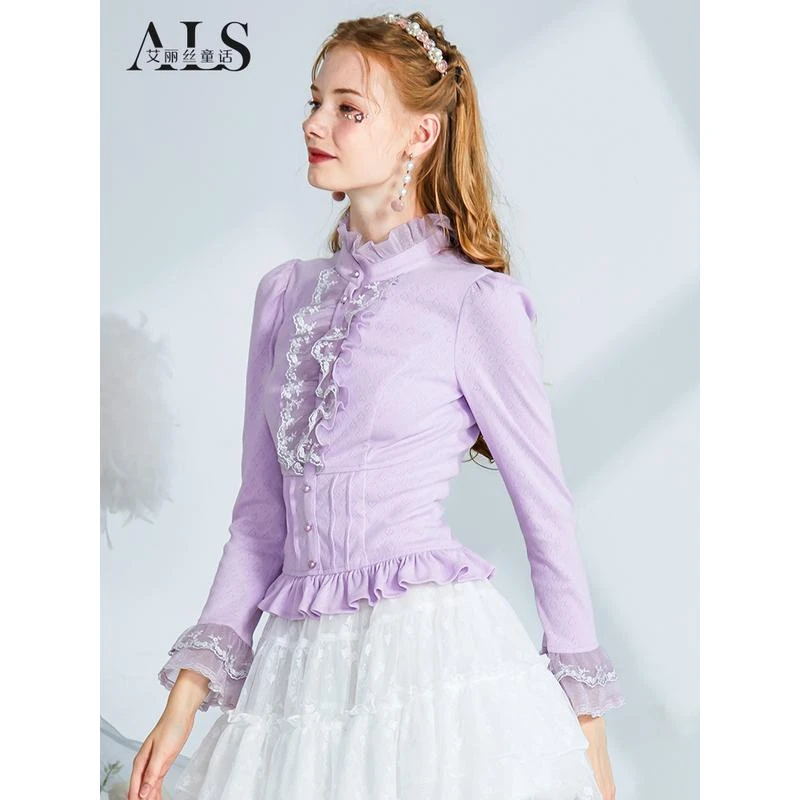 艾丽丝2024秋季紫色刺绣甜美蕾丝衬衫荷叶边洋气高领短款长袖