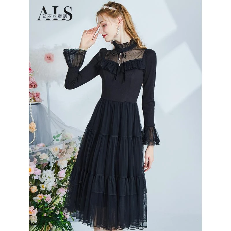 艾丽丝2023冬季新款优雅网纱蕾丝针织毛衣裙黑色宫延中长款连