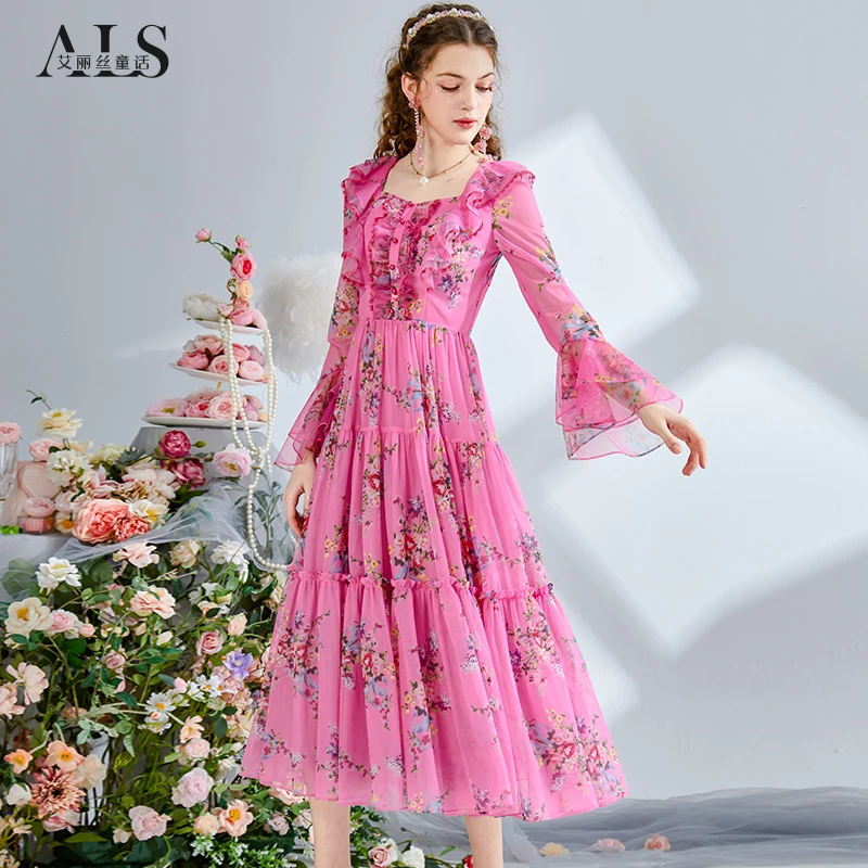 艾丽丝2024秋季新款仙气印花红色防晒连衣裙刺绣网纱中长款蛋糕裙