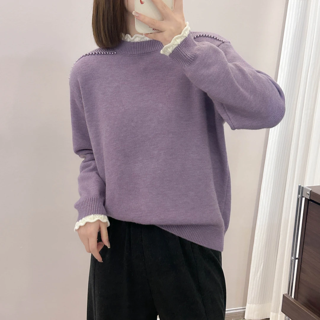 花边半高领撞色钉珠针织打底衫秋冬季新款上衣宽松韩版毛衣内搭女