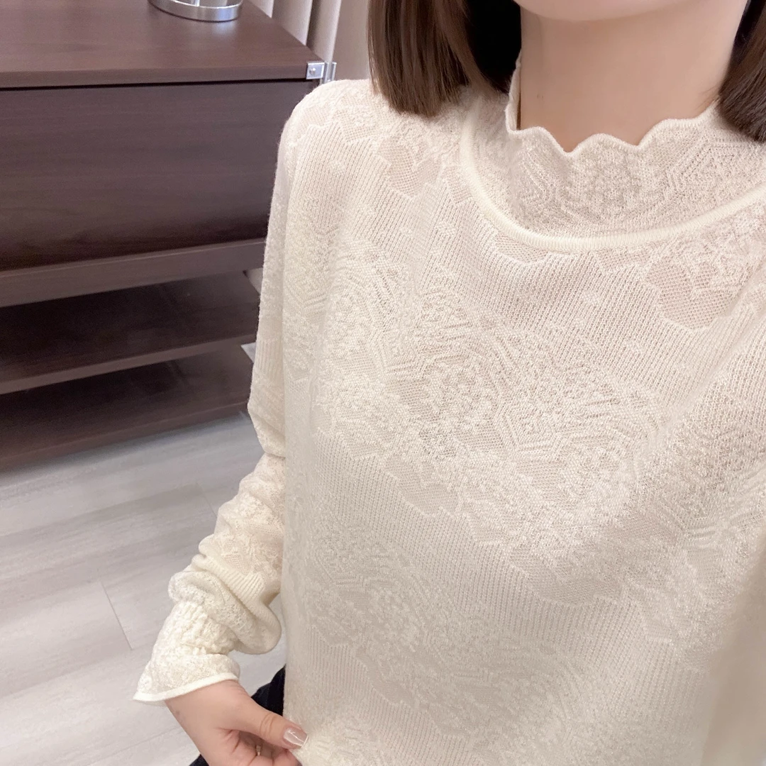 复古勾花竖坑条花瓣领针织打底衫春秋季新款上衣宽松韩版叠穿内搭