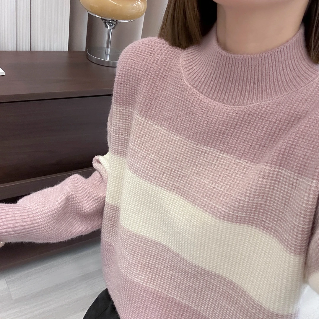 半高领渐变色条纹撞色针织打底衫秋冬季新款上衣宽松韩版加厚毛衣