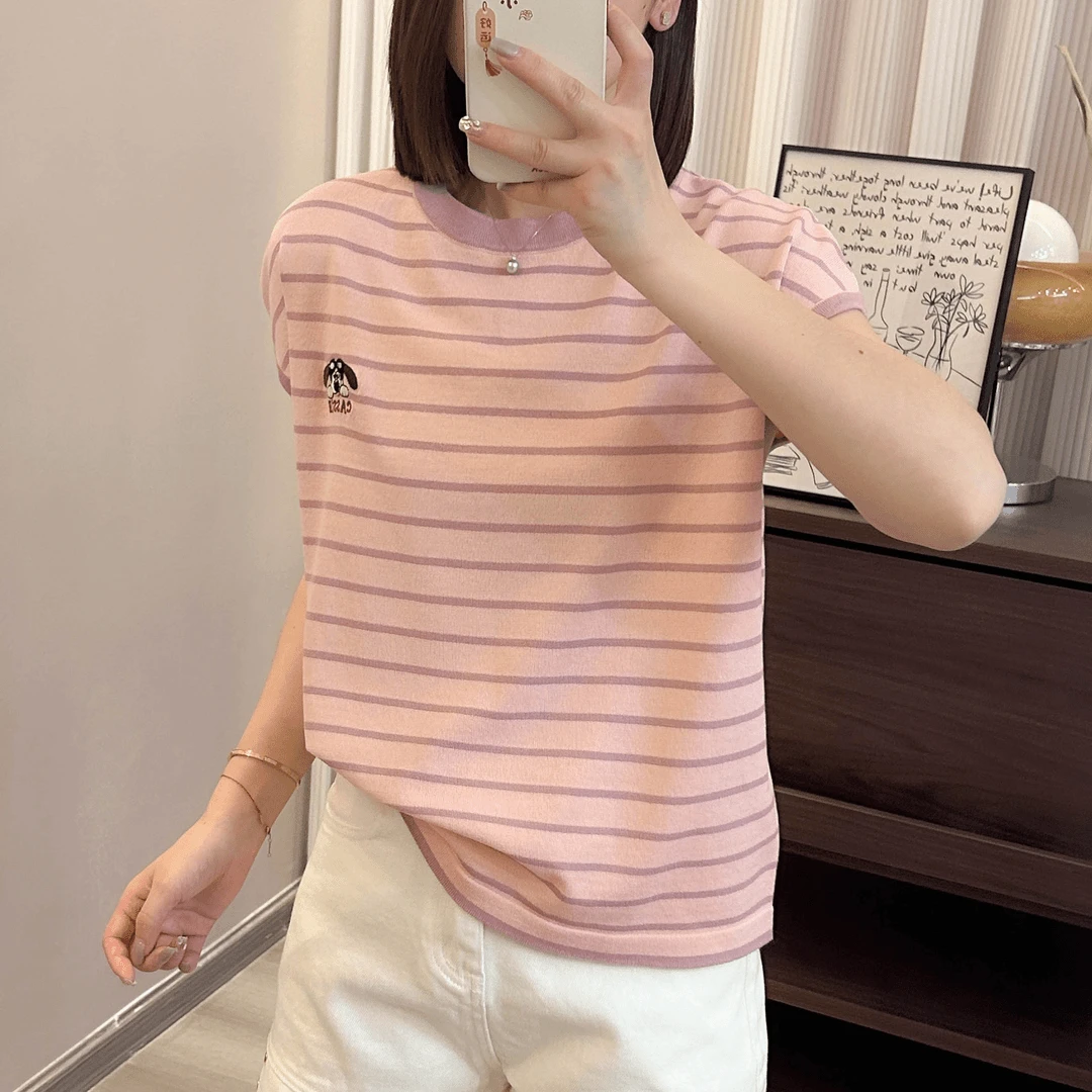条纹圆领小狗绣花飞飞袖无袖针织衫夏季新款上衣宽松韩版显瘦T恤