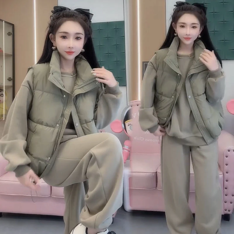 2024秋冬季新款加绒加厚时尚卫衣套装女宽松大码棉马甲气质三件套