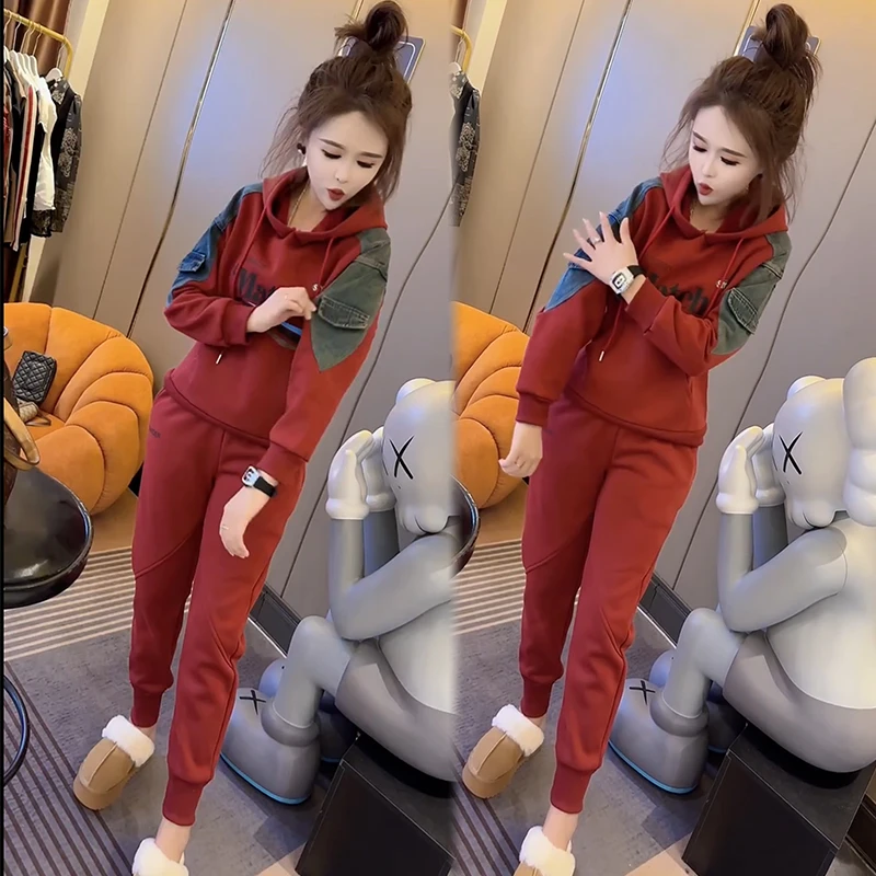 秋冬季2023加绒加厚卫衣套装女时尚宽松大码气质高档网红两件套潮