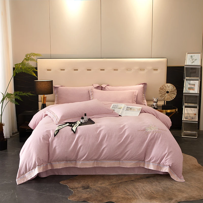 2024新款轻奢素色绣花加厚被罩四件套-魅惑系列（纯色裙摆式床单）