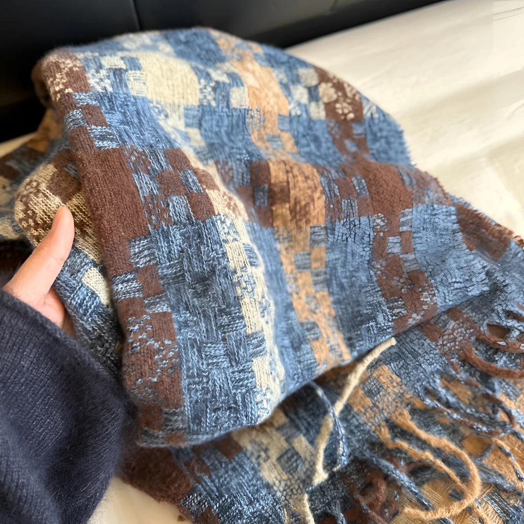 氛围感滴神~秋冬季情侣格纹流苏保暖围巾男女长款百搭围脖披肩