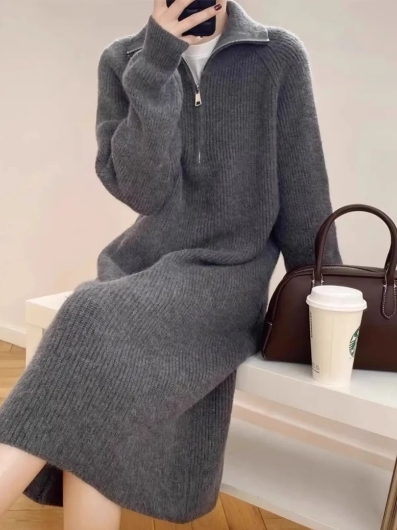 拉链翻领针织连衣裙女秋冬新款复古长款高领毛衣裙内搭长袖打底裙