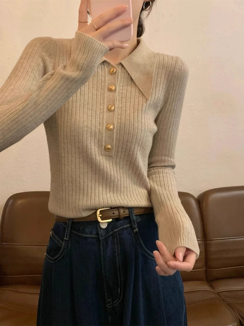 2024新款春秋季法式POLO领针织衫别致打底衫女秋冬高级感毛衣内搭