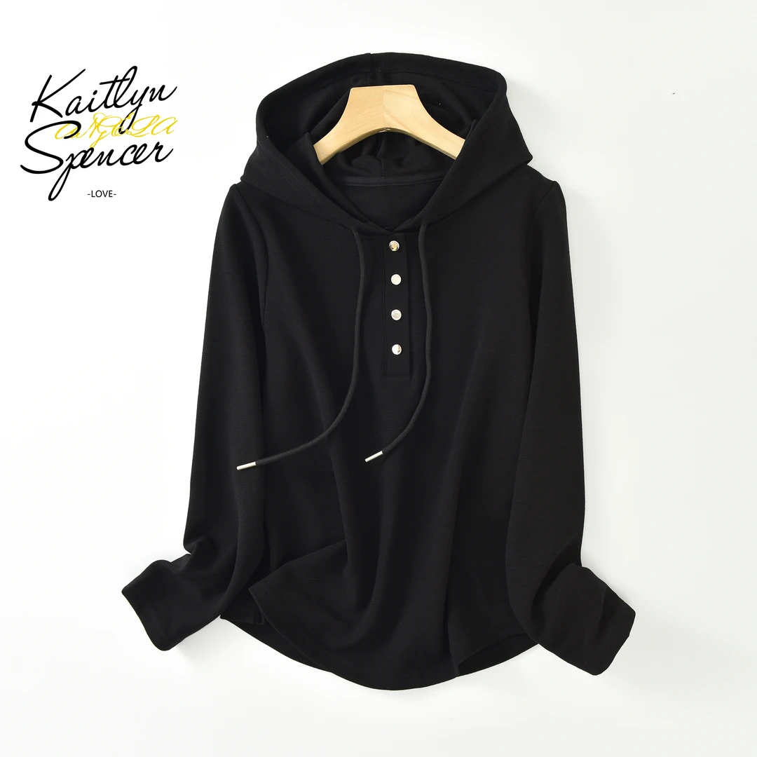 美拉德秋季宽松休闲连帽棉外穿长袖上衣纯色打底衫白色T恤女3622