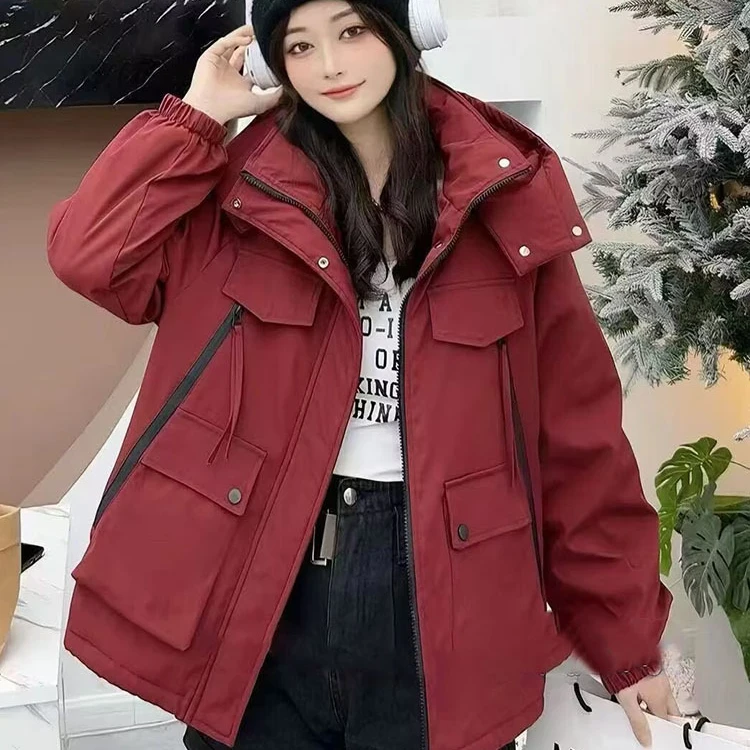 韩版宽松加绒连帽冲锋衣外套女2024冬季新款保暖休闲简约显瘦外套