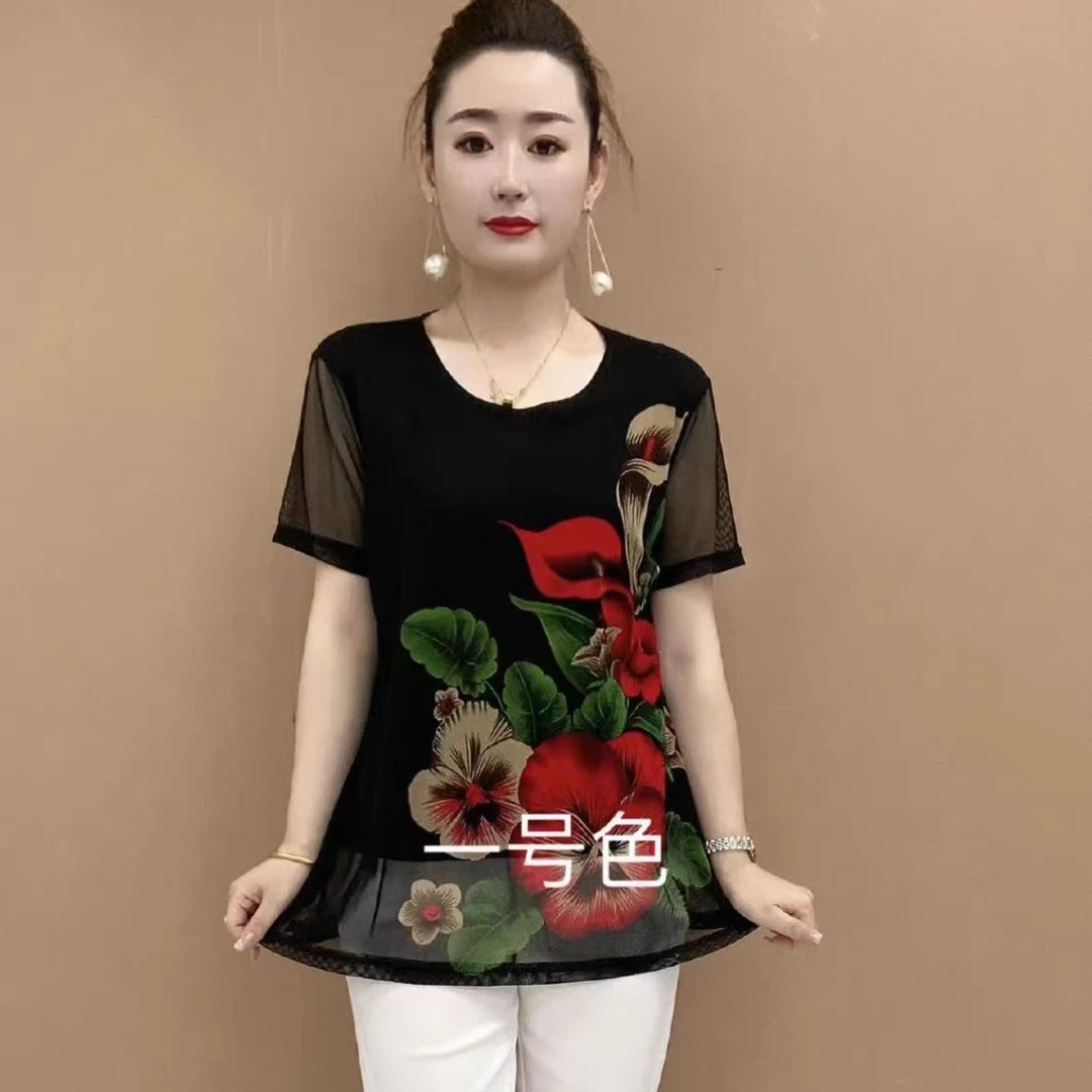 夏季新款什花色双层网纱短袖宽松弹力大版衫女士减龄显瘦T恤上衣