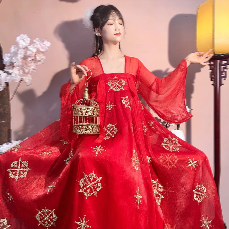 陛下兰他惜原创古风重工刺绣一品红改良汉服汉元素显瘦仙女连衣裙