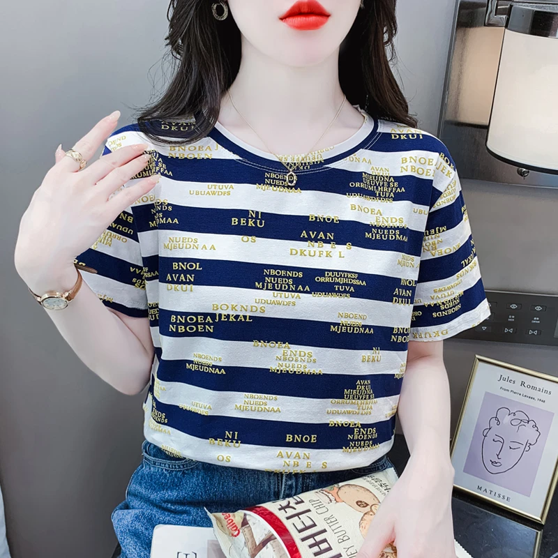 字母印花条纹短袖T恤女2025夏装新款韩版百搭圆领宽松爆款上衣潮