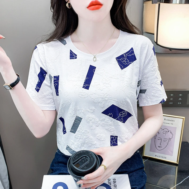 短袖T恤女2024夏季新款韩版宽松显瘦设计感印花时尚圆领百搭上衣