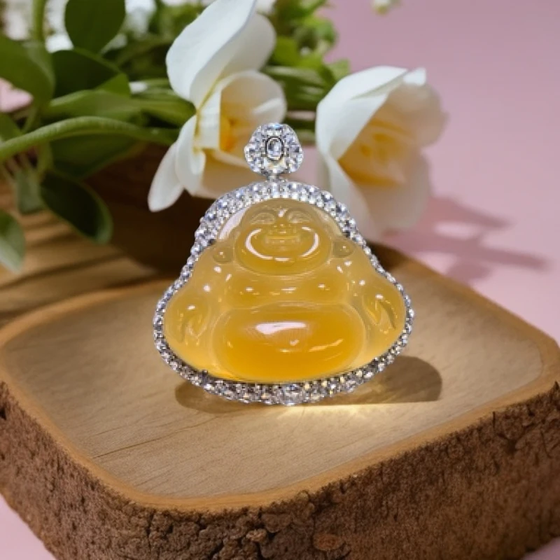 新品银s925镶嵌黄玉髓开盖佛公吊坠