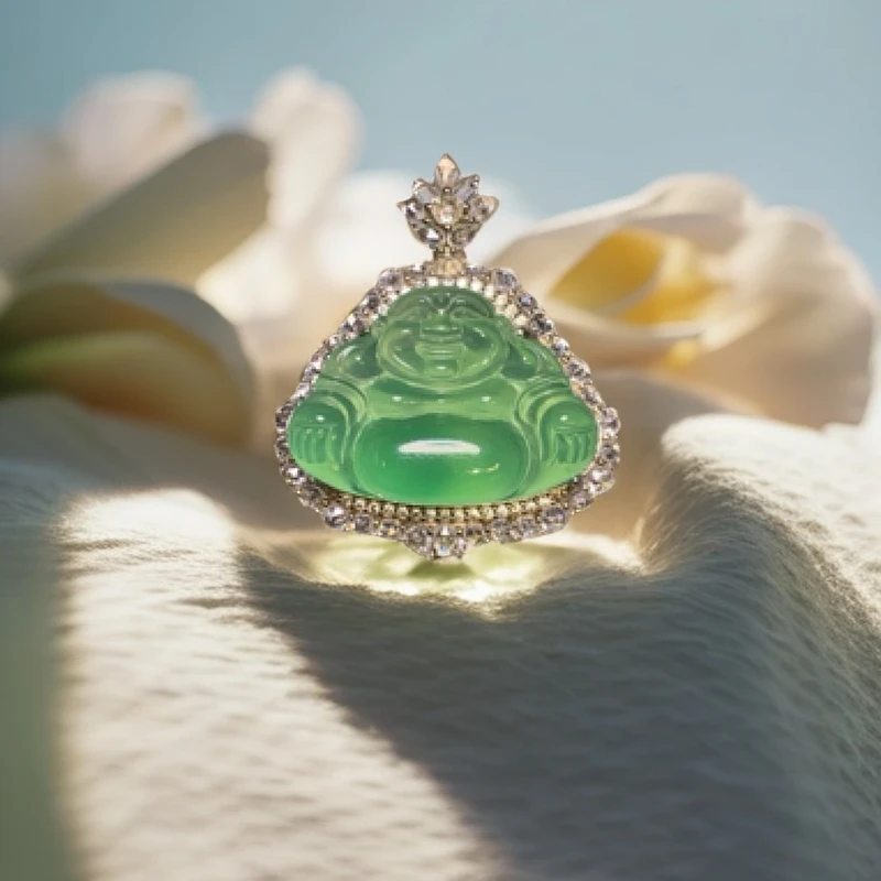 新品银s925镶嵌绿玉髓冰透佛公吊坠