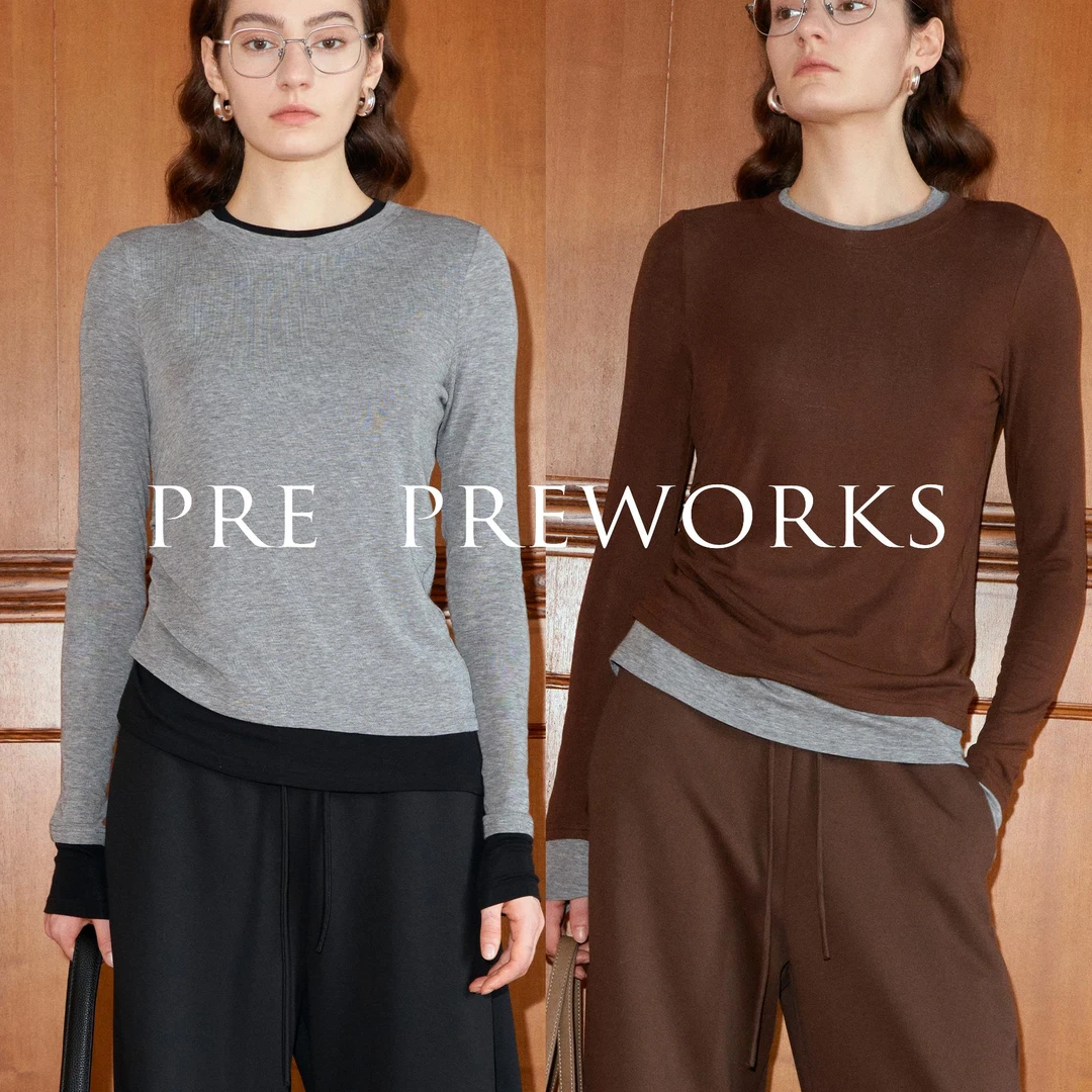 高级感撞色拼接假两件修身打底设计感长袖T恤