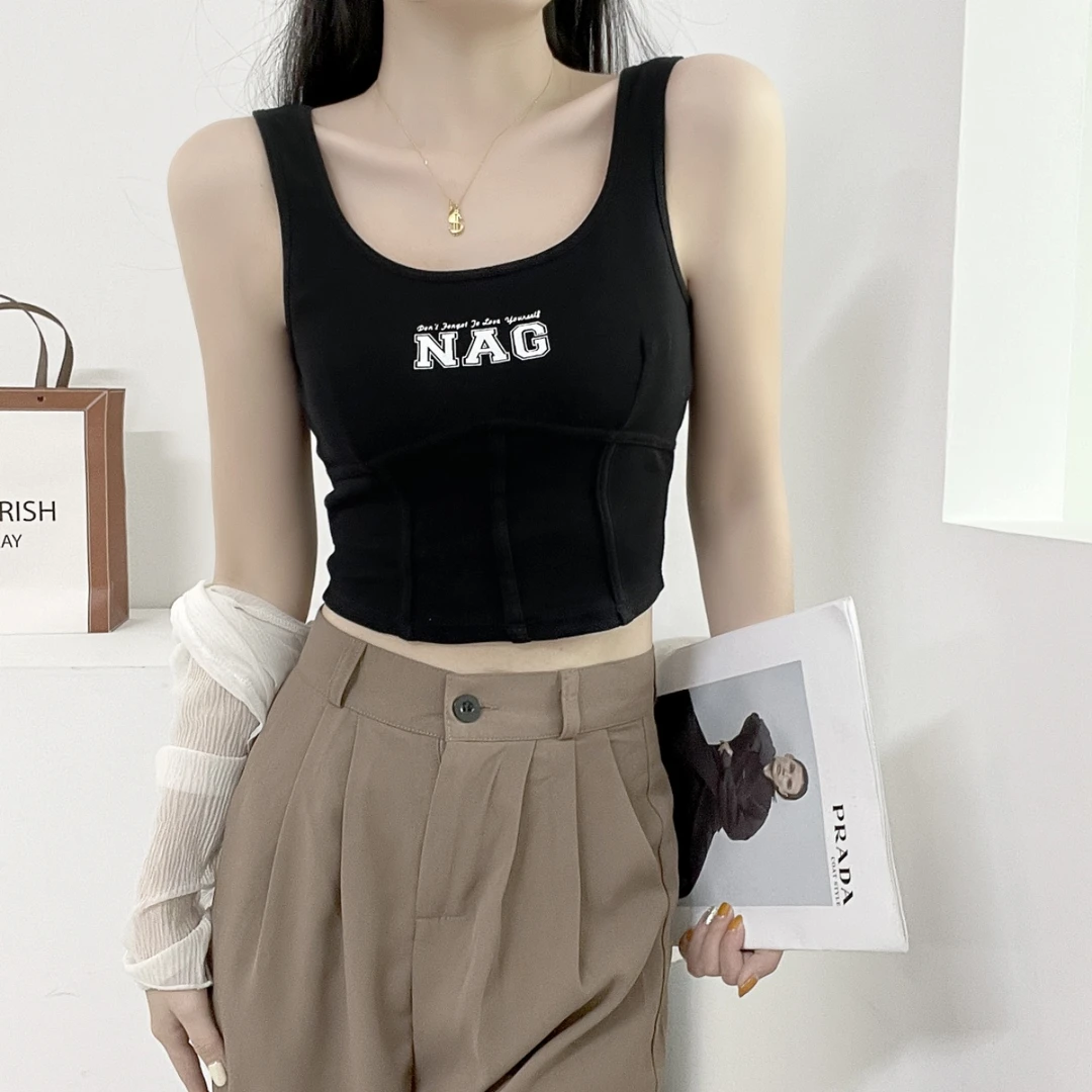 夏季美式辣妹鱼骨吊带女带胸垫秋冬露腰字母修身百搭短款背心9012