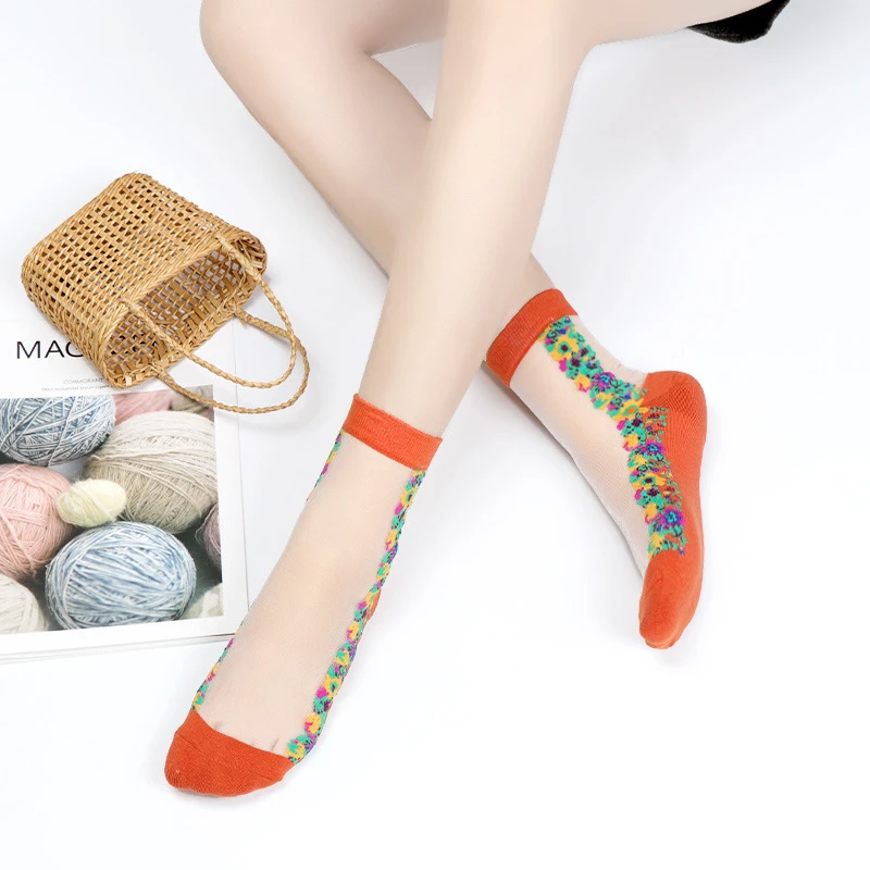 袜子女夏季薄款水晶袜冰丝袜新款花朵刺绣玻璃丝袜透明棉底卡丝袜