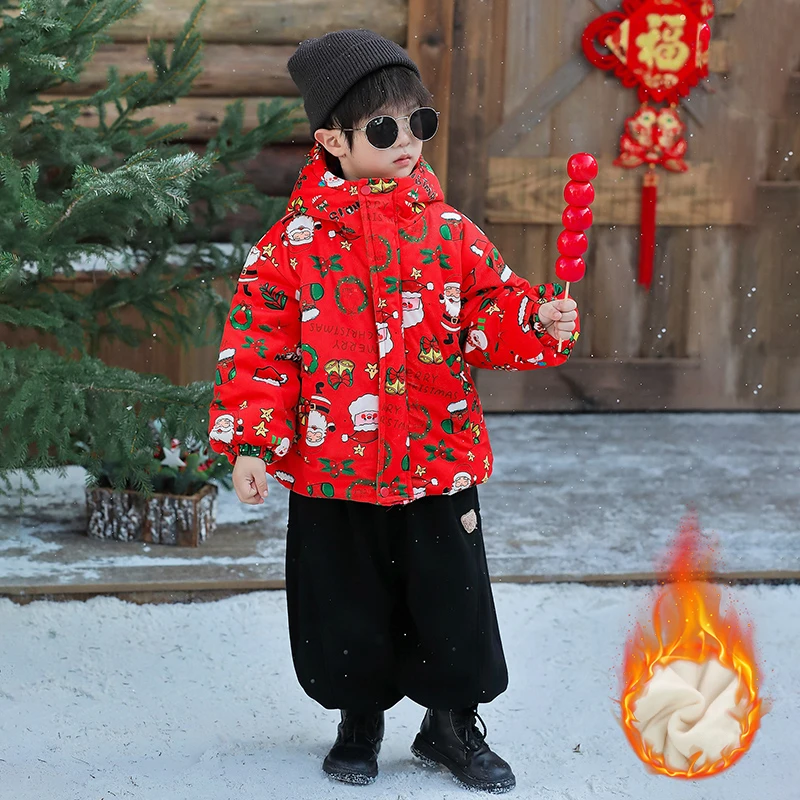 男童红色棉袄冬装2024新款儿童加厚保暖羽绒棉衣男孩喜庆拜年服潮