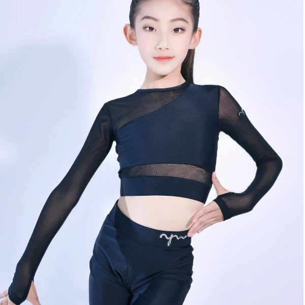 媛梦拉丁舞服女童练功服秋冬新款儿童黑色丝网裤装秋季长袖练习服