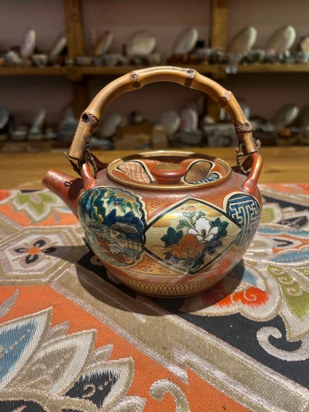 九谷烧茶壶 九谷庄三提梁壶 明治时期 手绘 竹提梁泡茶壶 纯手工