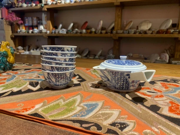 手绘青花茶具 松竹梅京烧名家 平安春峰作 侧把壶五客杯手工茶道